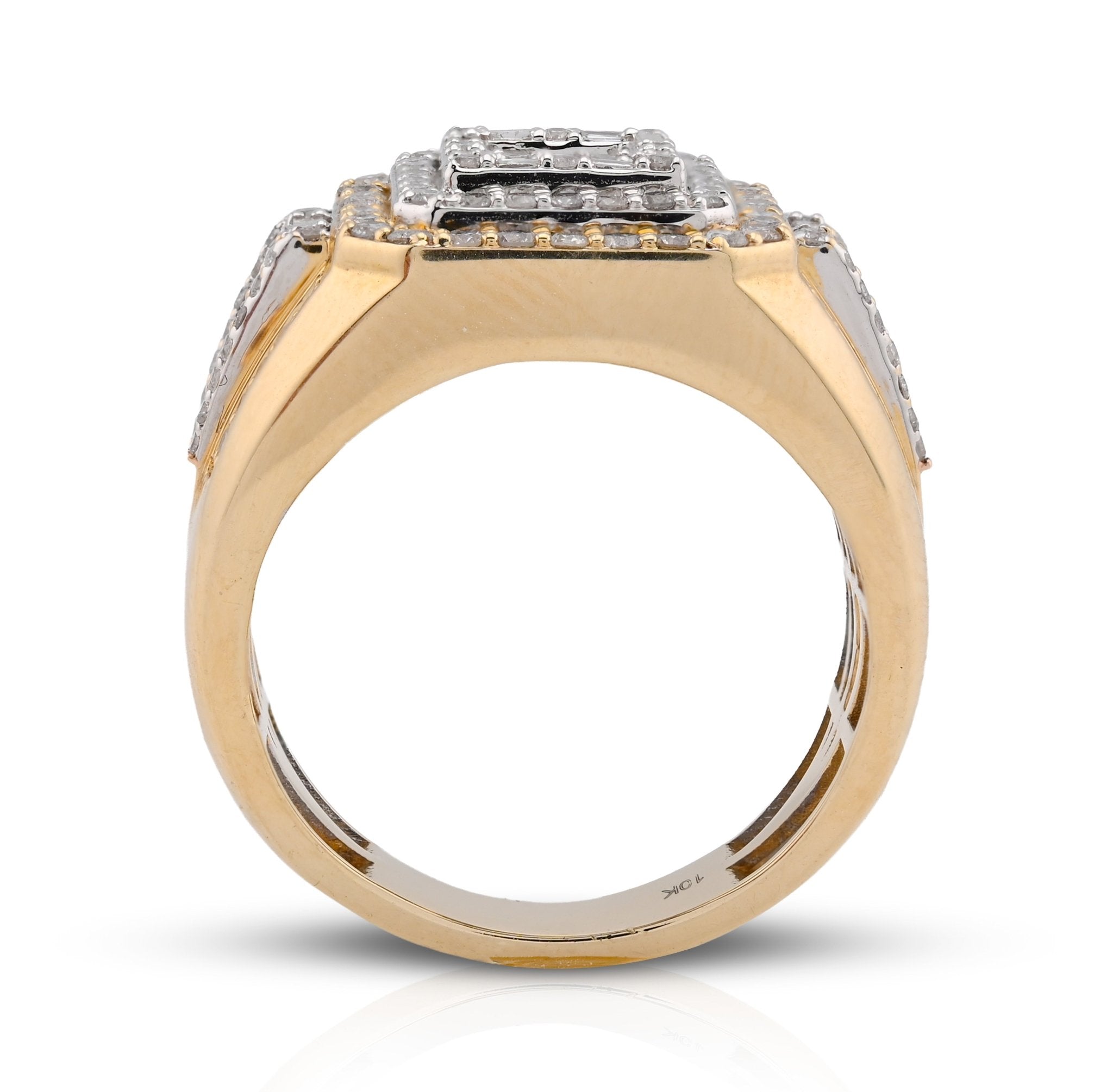 10K Yellow Gold 1.30CT Round/baguette Natural Diamond 3 Layer Square Shape Men Pinky Ring - Elite Jewelers - Rings