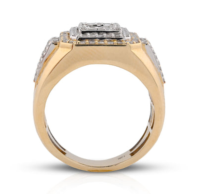 10K Yellow Gold 1.30CT Round/baguette Natural Diamond 3 Layer Square Shape Men Pinky Ring - Elite Jewelers - Rings
