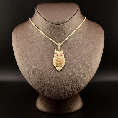 10k Yellow Gold 13.2gm 4.5CTW Pure Round/Baguette Diamond ICED Owl Pendant Charm - Elite Jewelers - Charms & Pendants
