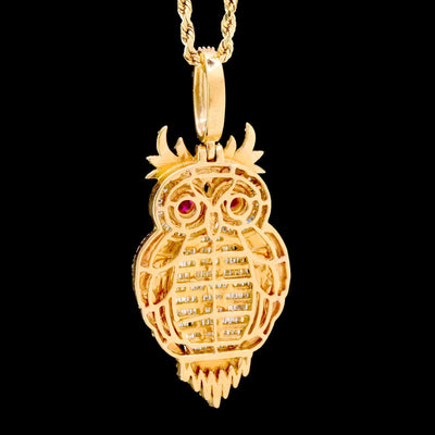 10k Yellow Gold 13.2gm 4.5CTW Pure Round/Baguette Diamond ICED Owl Pendant Charm - Elite Jewelers - Charms & Pendants