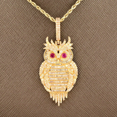 10k Yellow Gold 13.2gm 4.5CTW Pure Round/Baguette Diamond ICED Owl Pendant Charm - Elite Jewelers - Charms & Pendants