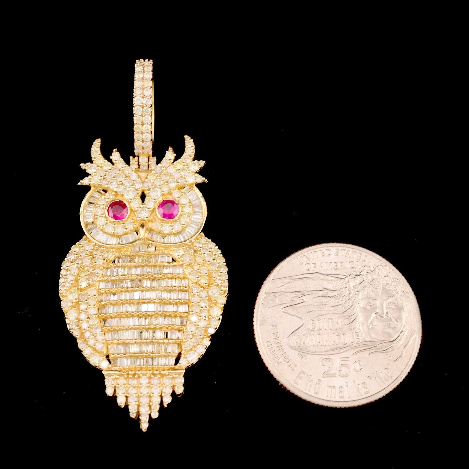 10k Yellow Gold 13.2gm 4.5CTW Pure Round/Baguette Diamond ICED Owl Pendant Charm - Elite Jewelers - Charms & Pendants