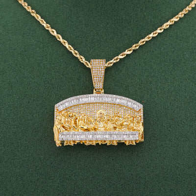 10K Yellow Gold 1.35CT Last Supper Baguette Natural Diamond Pendant Men Charm - Elite Jewelers-Charms & Pendants