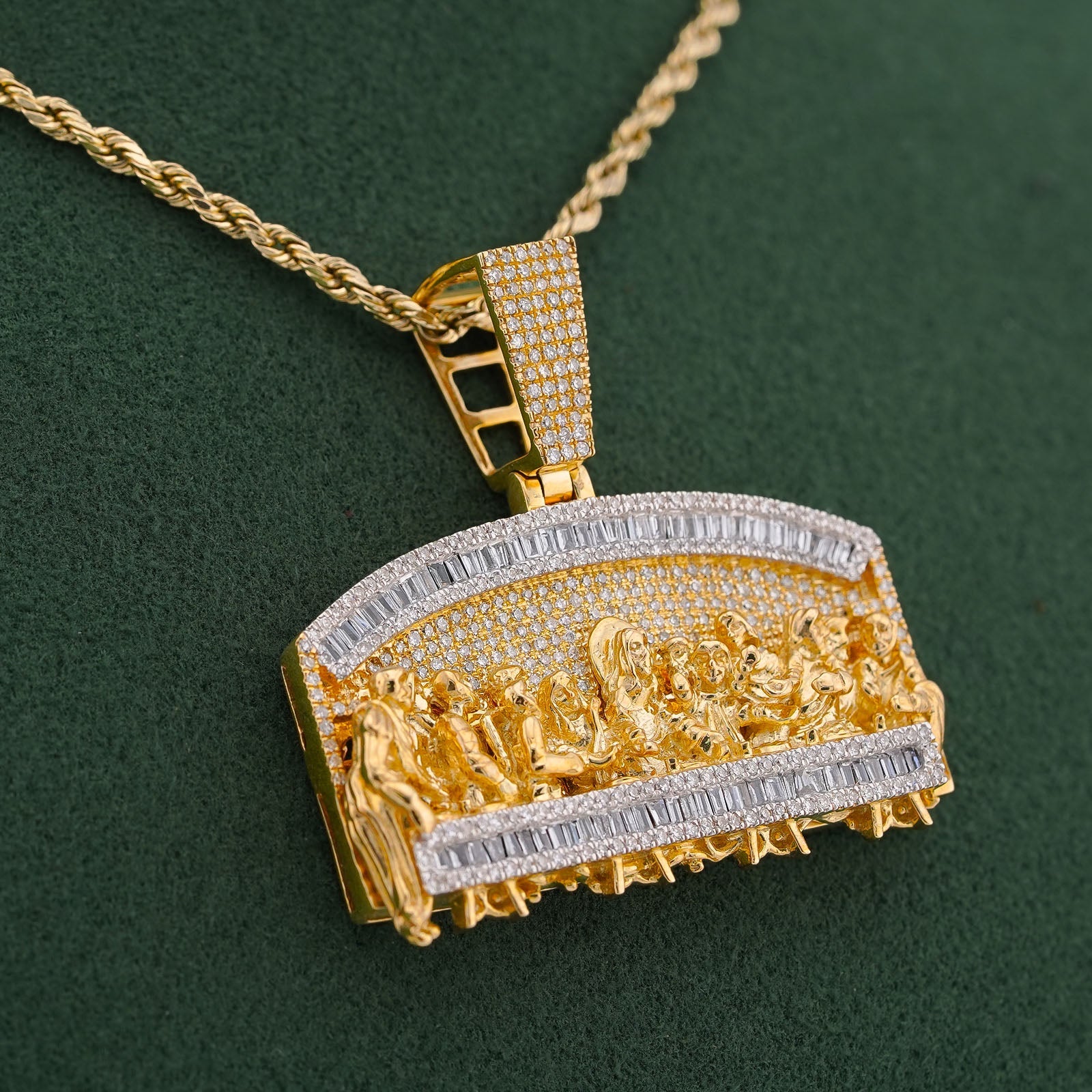 10K Yellow Gold 1.35CT Last Supper Baguette Natural Diamond Pendant Men Charm - Elite Jewelers-Charms & Pendants