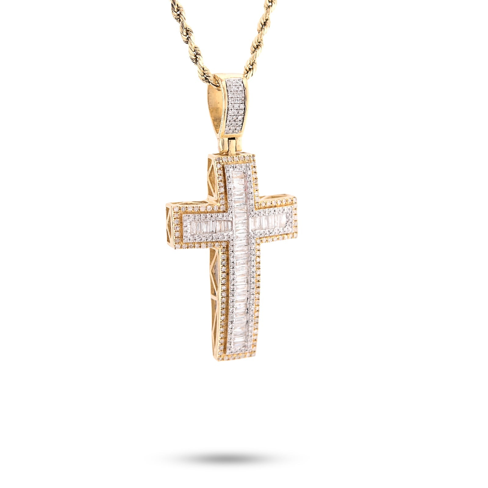 10K Yellow Gold 1.35CT Natural Diamond Round/baguette Religious Cross Pendant 8.3g Men Women 50MM HCarm - Elite Jewelers - Charms & Pendants