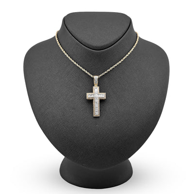 10K Yellow Gold 1.35CT Natural Diamond Round/baguette Religious Cross Pendant 8.3g Men Women 50MM HCarm - Elite Jewelers - Charms & Pendants