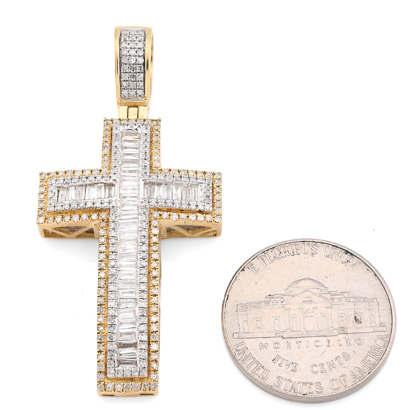 10K Yellow Gold 1.35CT Natural Diamond Round/baguette Religious Cross Pendant 8.3g Men Women 50MM HCarm - Elite Jewelers - Charms & Pendants