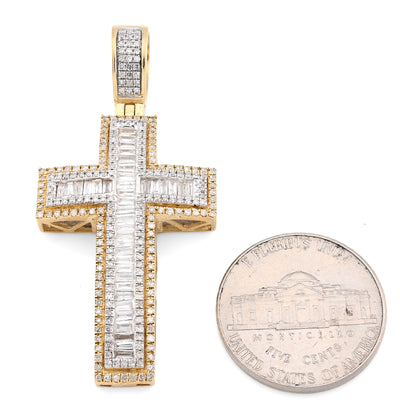 10K Yellow Gold 1.35CT Natural Diamond Round/baguette Religious Cross Pendant 8.3g Men Women 50MM HCarm - Elite Jewelers - Charms & Pendants