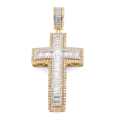 10K Yellow Gold 1.35CT Natural Diamond Round/baguette Religious Cross Pendant 8.3g Men Women 50MM HCarm - Elite Jewelers - Charms & Pendants