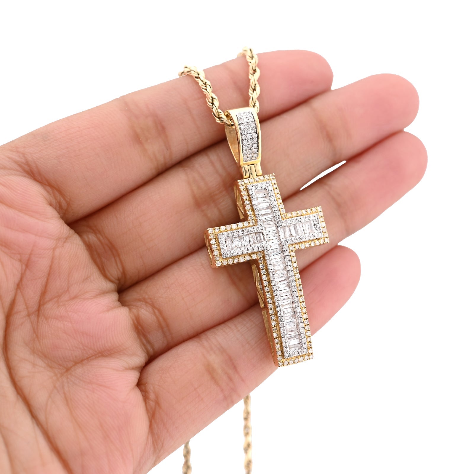 10K Yellow Gold 1.35CT Natural Diamond Round/baguette Religious Cross Pendant 8.3g Men Women 50MM HCarm - Elite Jewelers - Charms & Pendants