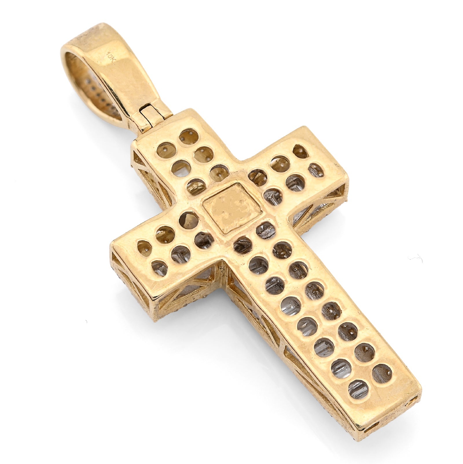 10K Yellow Gold 1.35CT Natural Diamond Round/baguette Religious Cross Pendant 8.3g Men Women 50MM HCarm - Elite Jewelers - Charms & Pendants