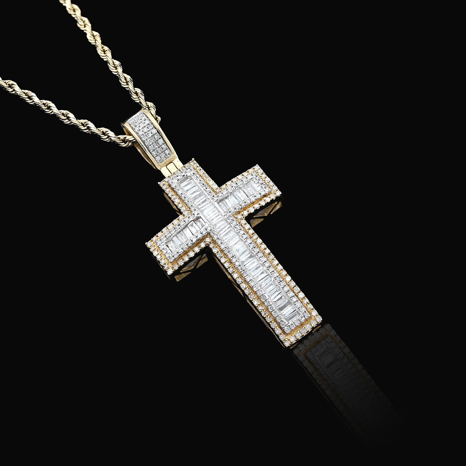 10K Yellow Gold 1.35CT Natural Diamond Round/baguette Religious Cross Pendant 8.3g Men Women 50MM HCarm - Elite Jewelers - Charms & Pendants