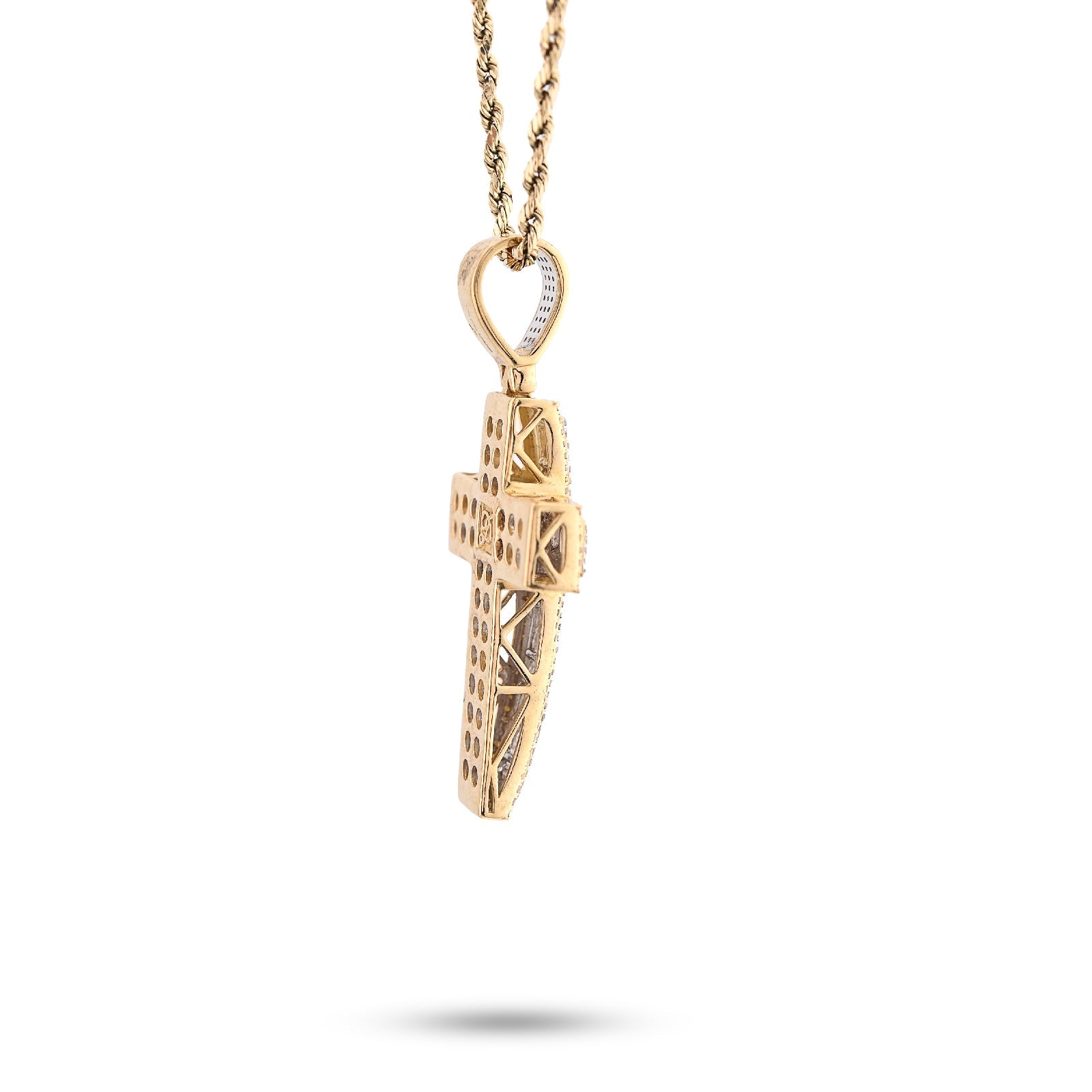 10K Yellow Gold 1.35CT Natural Diamond Round/baguette Religious Cross Pendant 8.3g Men Women 50MM HCarm - Elite Jewelers - Charms & Pendants