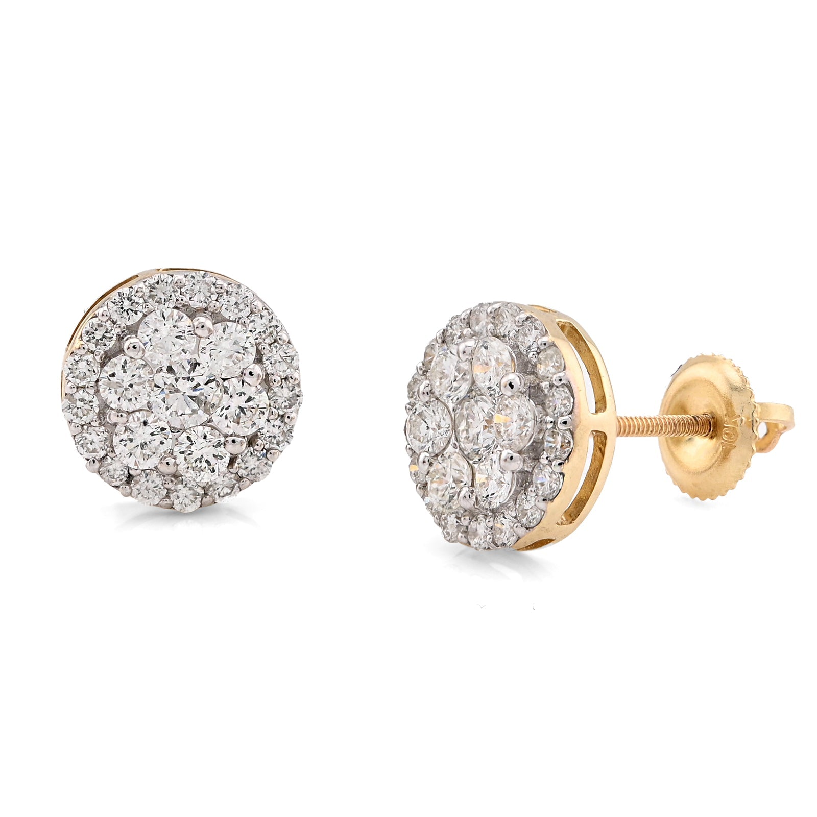10K Yellow Gold 1.37CT Halo Cluster Flower Studs Natural Diamond Men Women Earrings - Elite Jewelers - Earrings