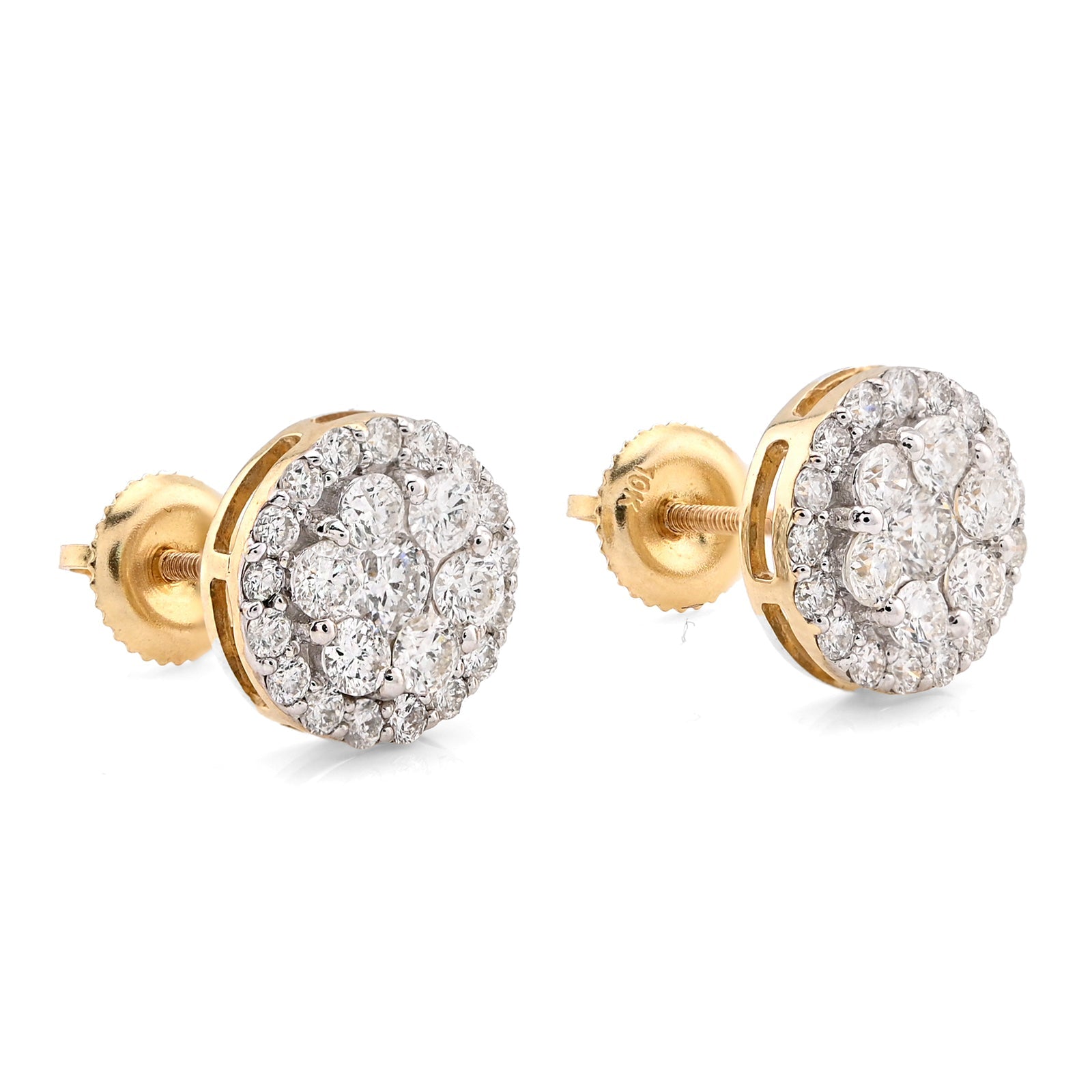 10K Yellow Gold 1.37CT Halo Cluster Flower Studs Natural Diamond Men Women Earrings - Elite Jewelers - Earrings