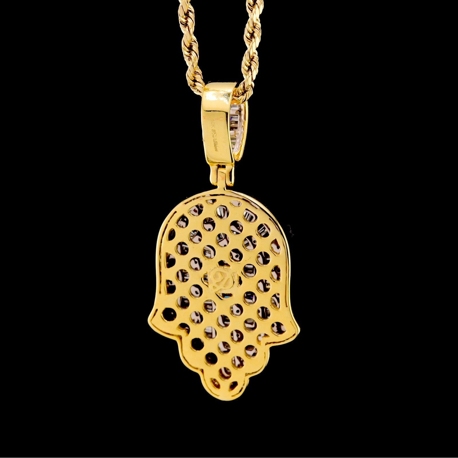 10k Yellow Gold 1.3CTW Natural Round & Baguette Diamond Hamsa Hand Pendant 7.1g - Elite Jewelers - Charms & Pendants