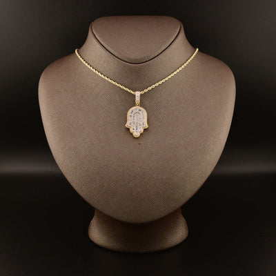 10k Yellow Gold 1.3CTW Natural Round & Baguette Diamond Hamsa Hand Pendant 7.1g - Elite Jewelers - Charms & Pendants