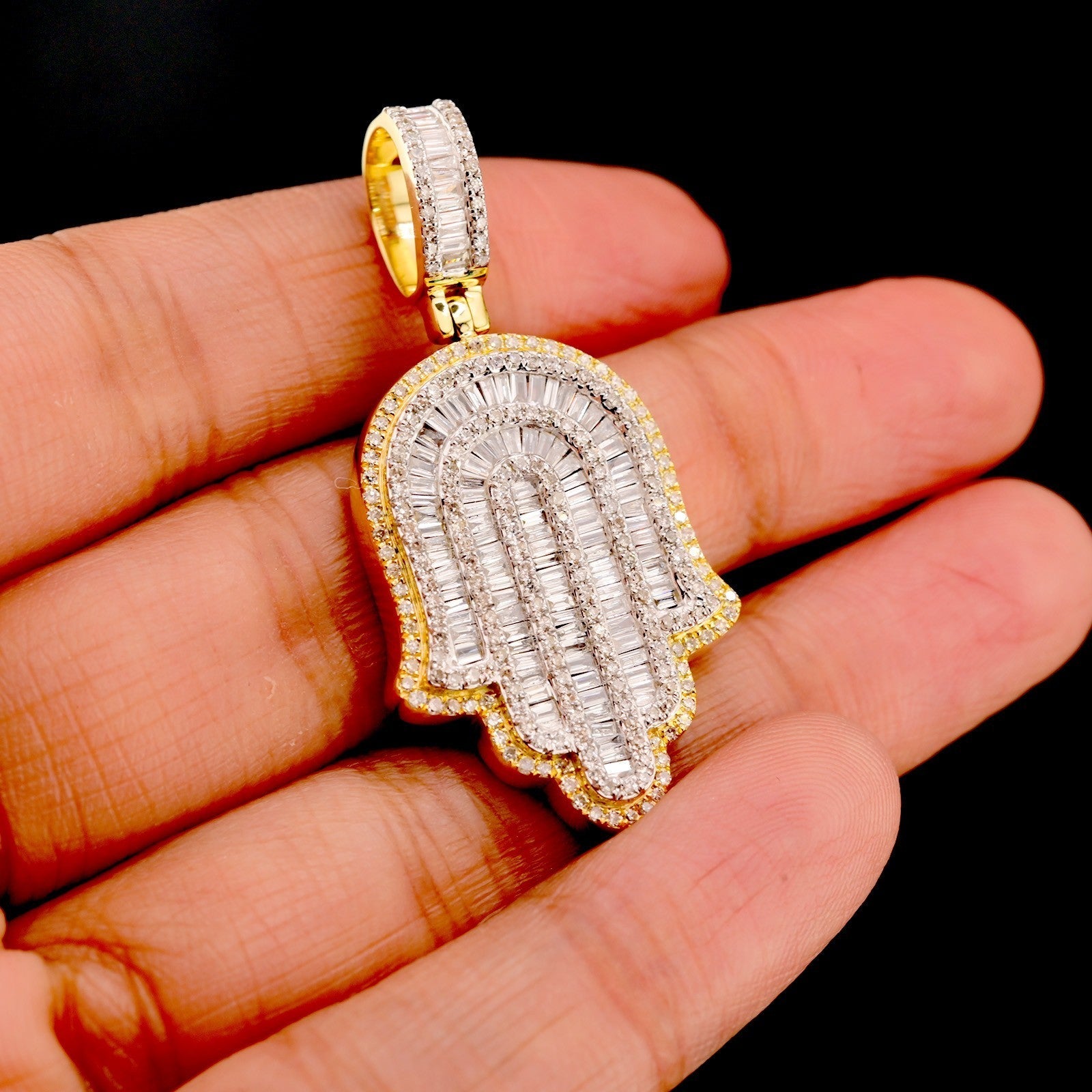 10k Yellow Gold 1.3CTW Natural Round & Baguette Diamond Hamsa Hand Pendant 7.1g - Elite Jewelers - Charms & Pendants