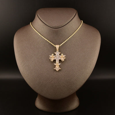 10k Yellow Gold 1.43CTW Round & Baguette Diamond Cross w/ 3 Angels 10.8g Charm - Elite Jewelers - Charms & Pendants
