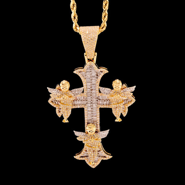 10k Yellow Gold 1.43CTW Round & Baguette Diamond Cross w/ 3 Angels 10.8g Charm - Elite Jewelers - Charms & Pendants