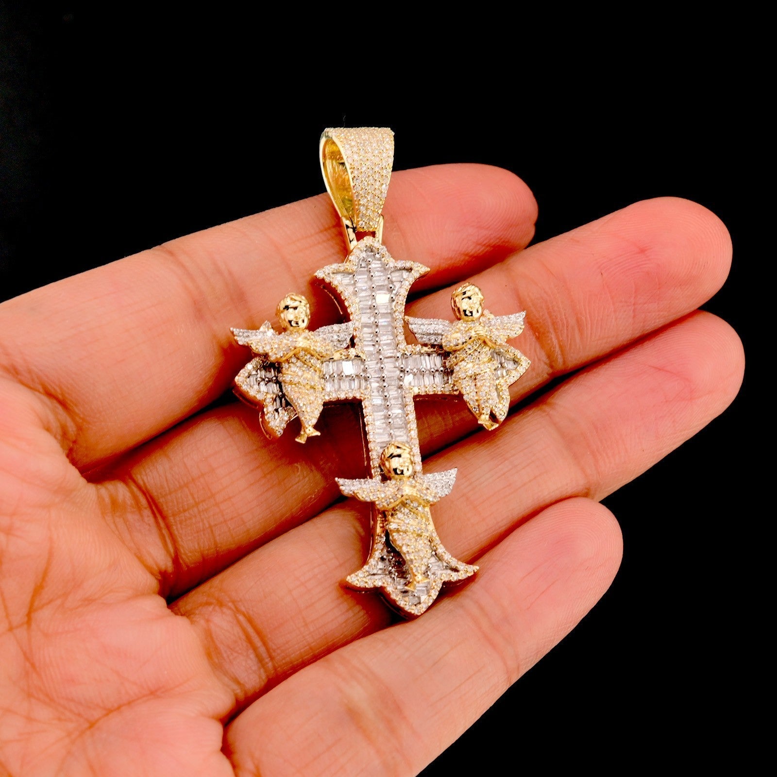 10k Yellow Gold 1.43CTW Round & Baguette Diamond Cross w/ 3 Angels 10.8g Charm - Elite Jewelers - Charms & Pendants