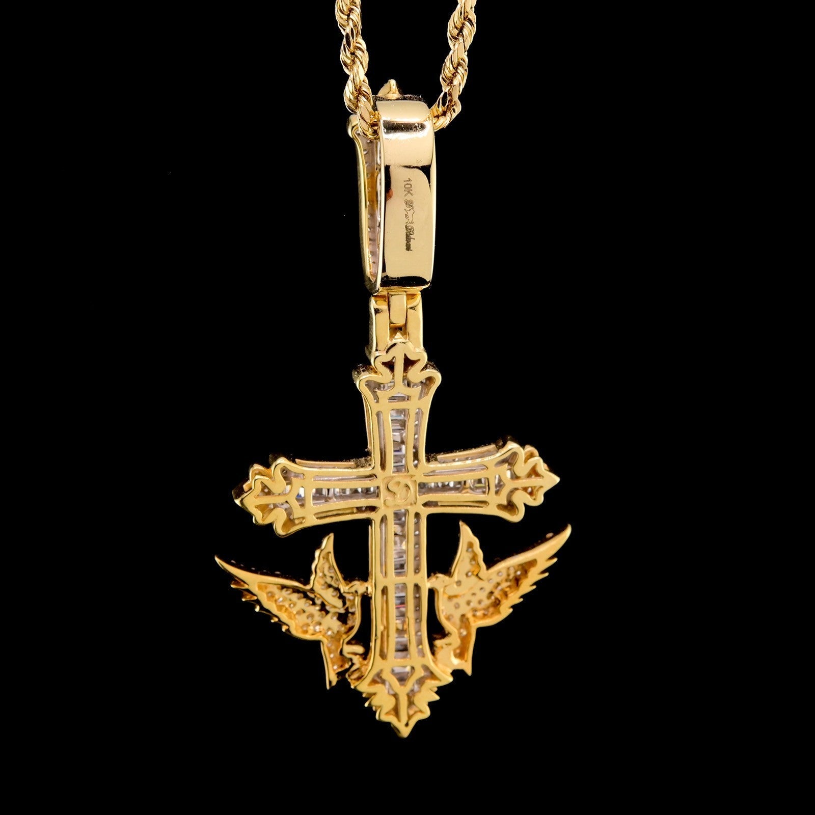 10k Yellow Gold 1.43CTW Round/Baguette Diamond Cross w/ Bird Pendant 8.4g Charm - Elite Jewelers - Charms & Pendants