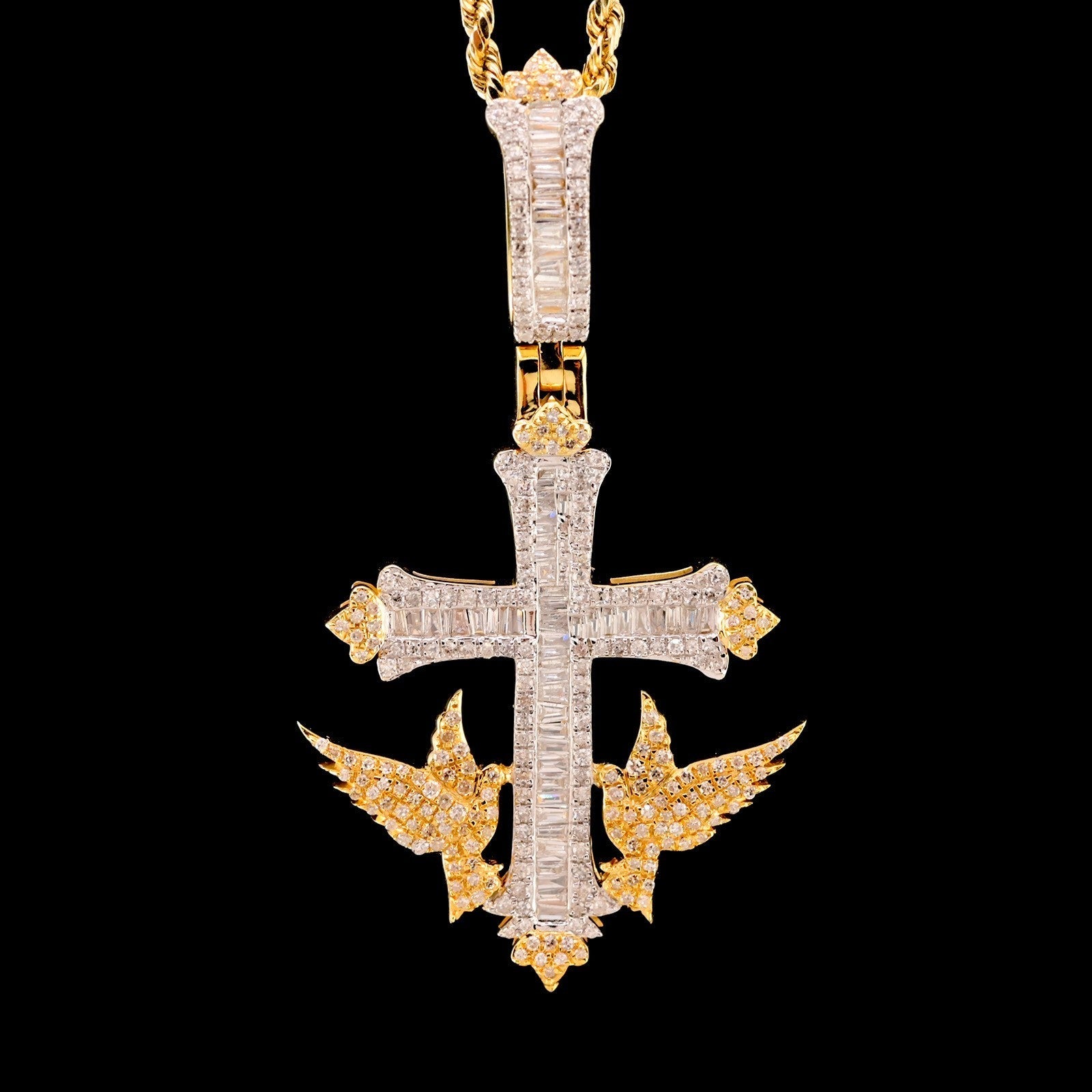 10k Yellow Gold 1.43CTW Round/Baguette Diamond Cross w/ Bird Pendant 8.4g Charm - Elite Jewelers - Charms & Pendants