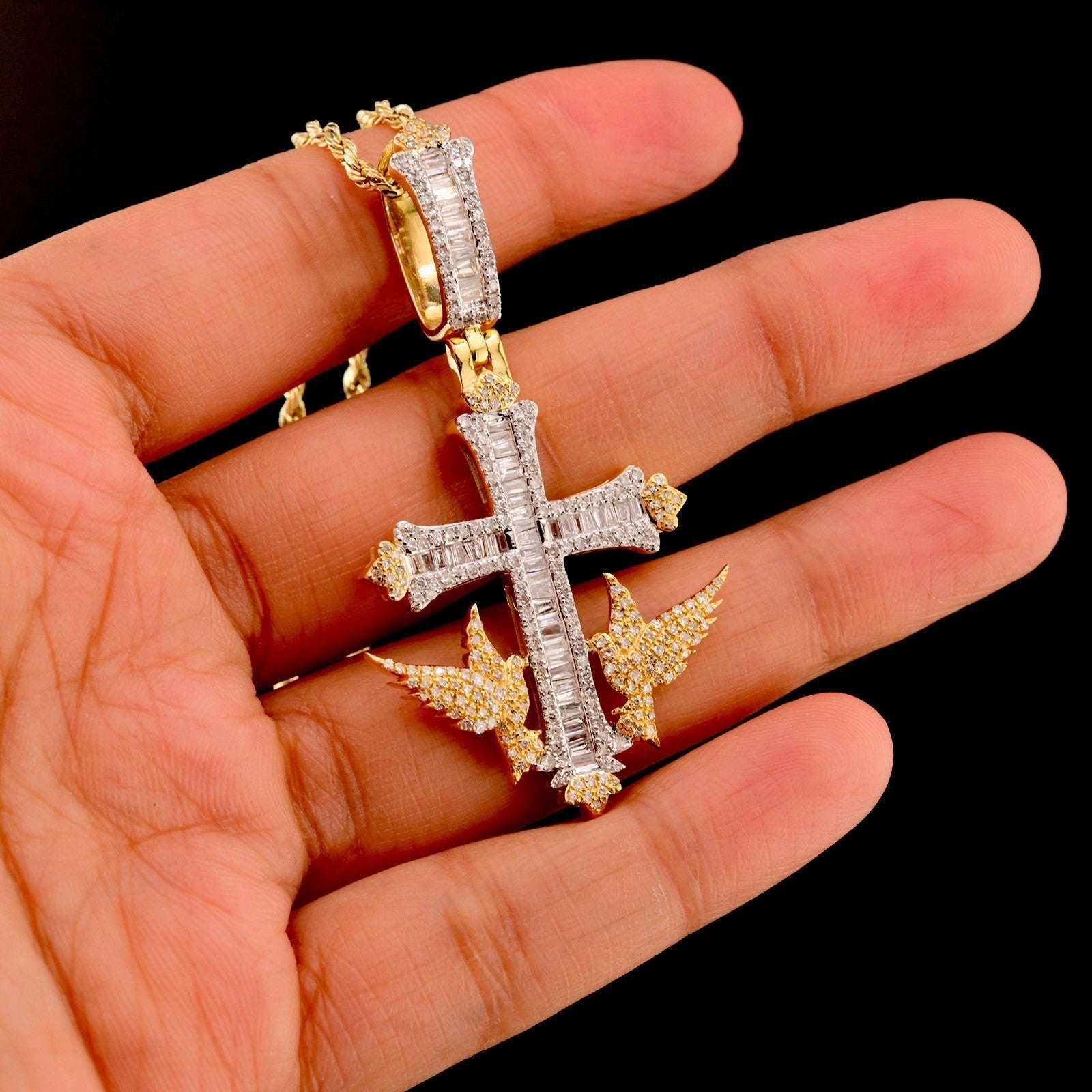 10k Yellow Gold 1.43CTW Round/Baguette Diamond Cross w/ Bird Pendant 8.4g Charm - Elite Jewelers - Charms & Pendants