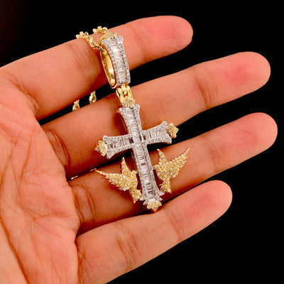 10k Yellow Gold 1.43CTW Round/Baguette Diamond Cross w/ Bird Pendant 8.4g Charm - Elite Jewelers - Charms & Pendants