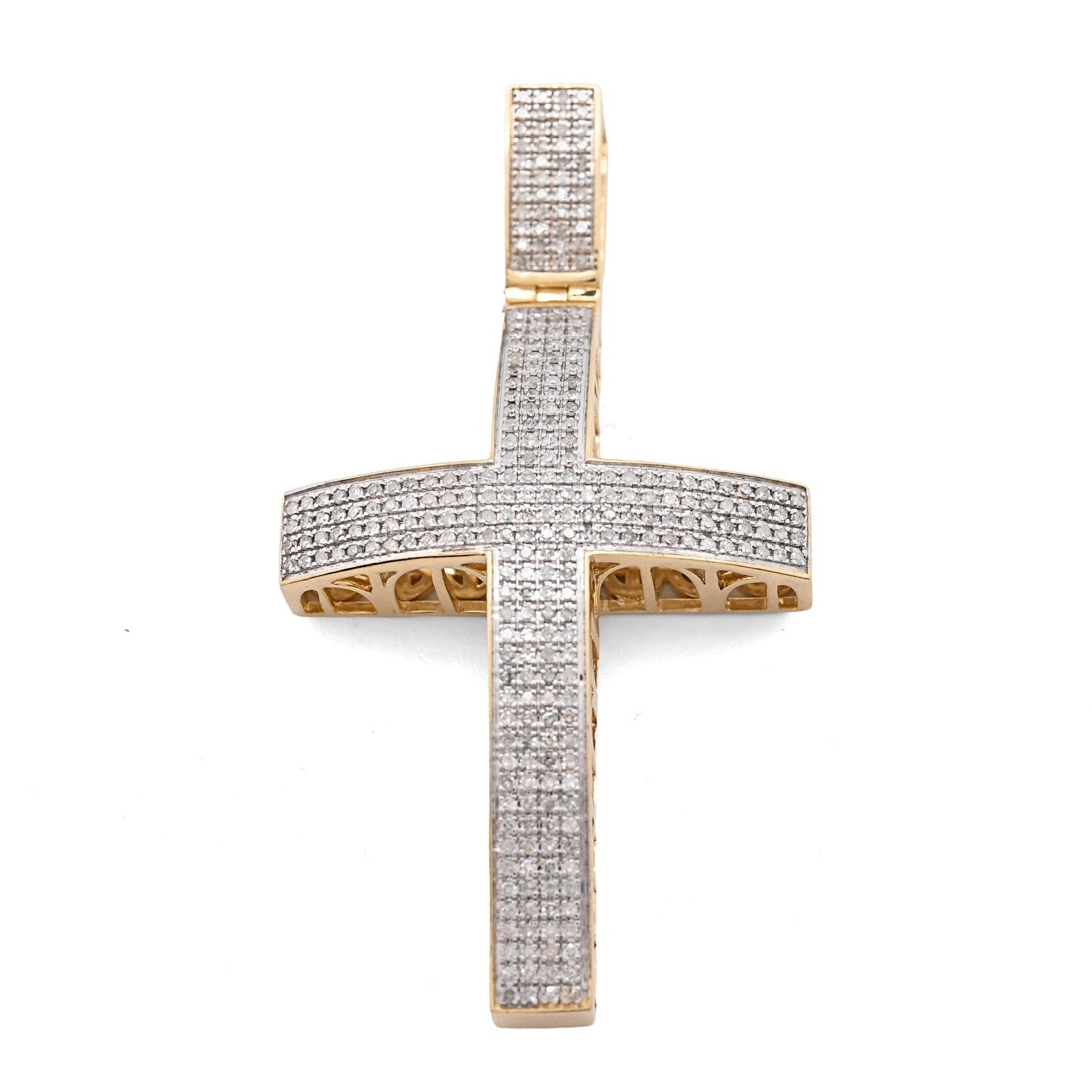 10k Yellow Gold 1.45CTW Natural Diamond Pave Domed Cross Pendant 17.5g Charm - Elite Jewelers - Charms & Pendants