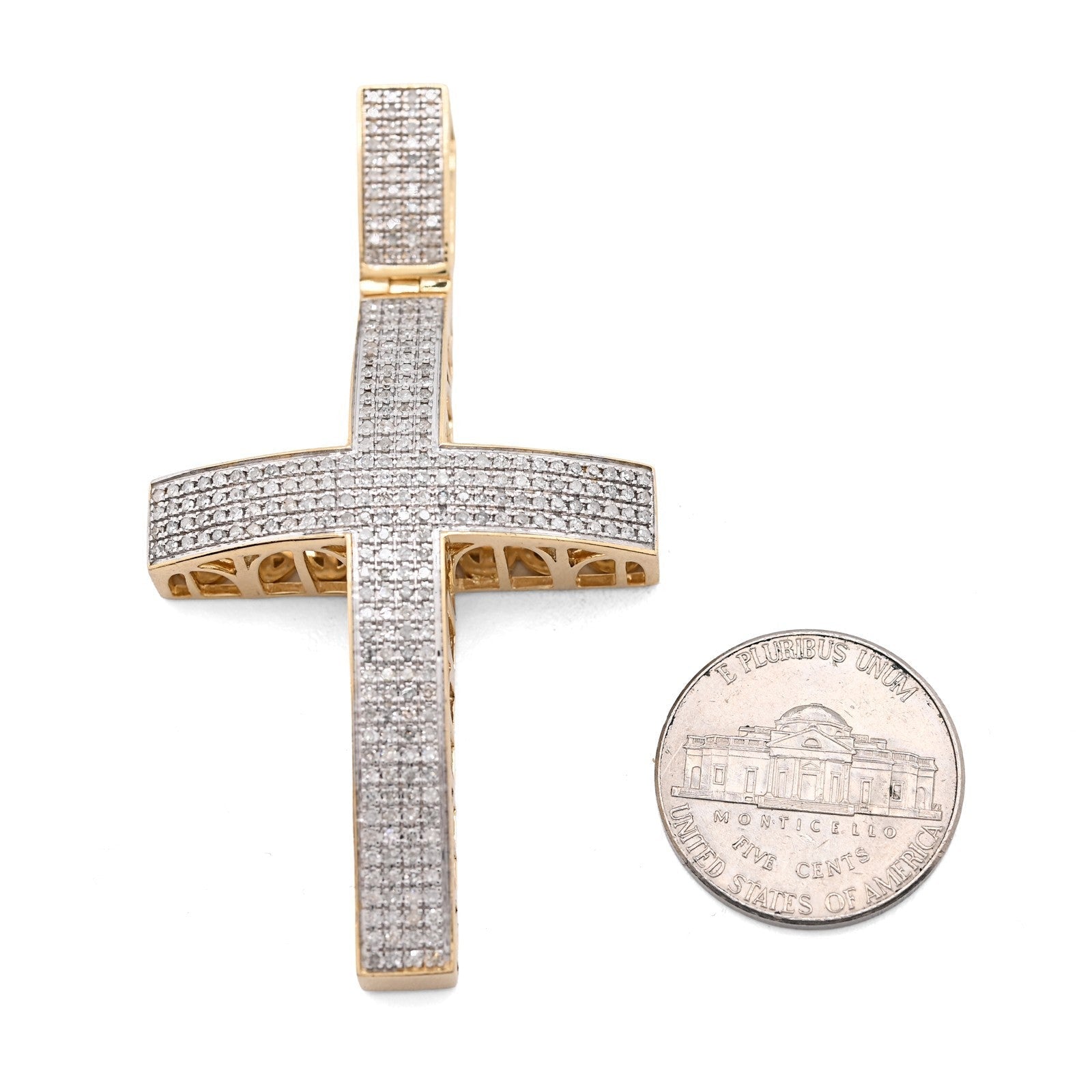 10k Yellow Gold 1.45CTW Natural Diamond Pave Domed Cross Pendant 17.5g Charm - Elite Jewelers - Charms & Pendants