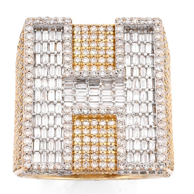 10K Yellow Gold 15.74CT Natural Diamond "H" Initial Men Ring 1.15" Wide 36.5g - Elite Jewelers - Rings