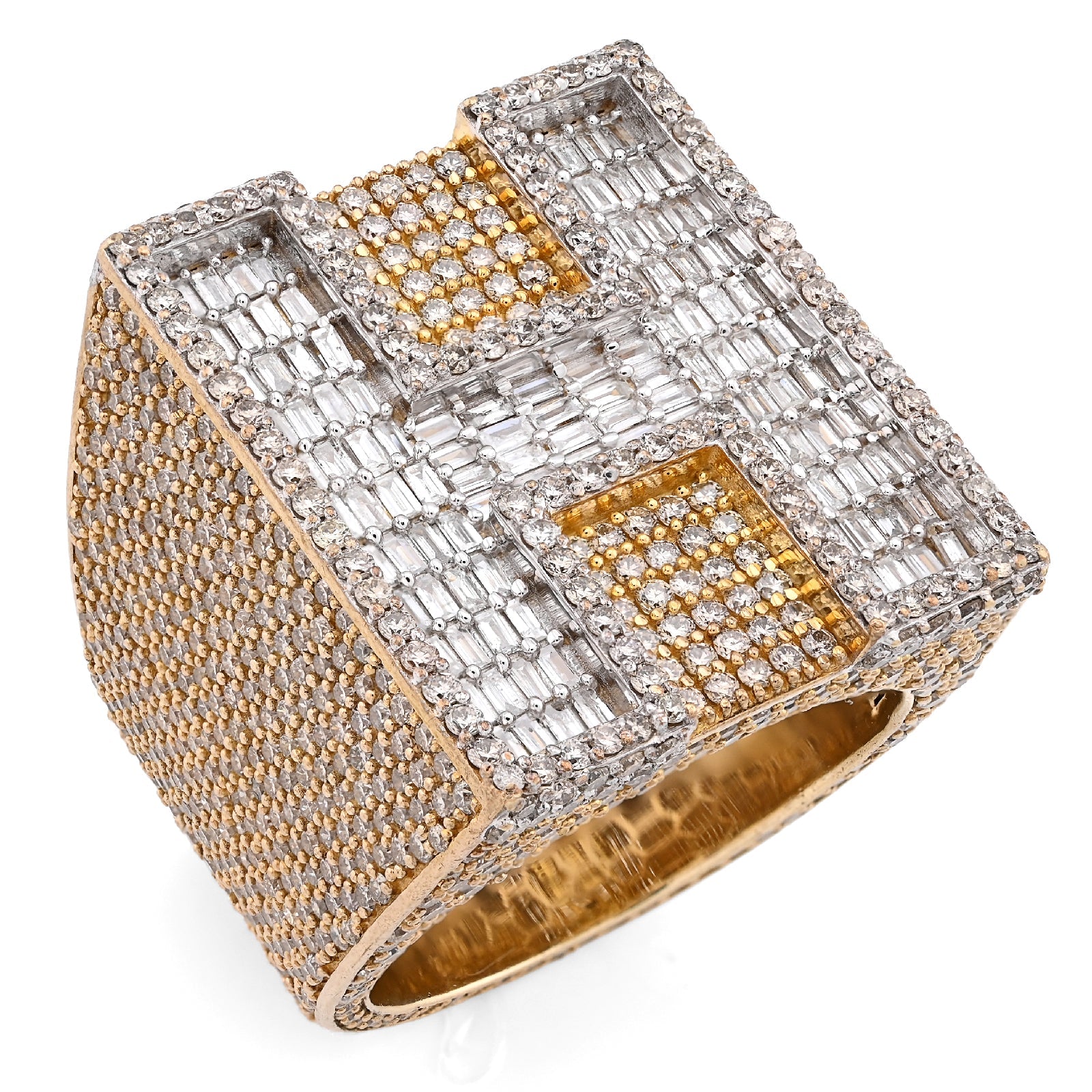 10K Yellow Gold 15.74CT Natural Diamond "H" Initial Men Ring 1.15" Wide 36.5g - Elite Jewelers - Rings