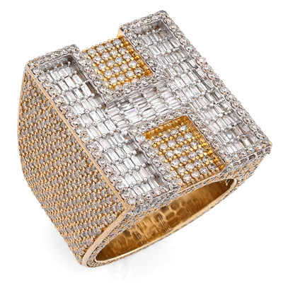 10K Yellow Gold 15.74CT Natural Diamond "H" Initial Men Ring 1.15" Wide 36.5g - Elite Jewelers - Rings
