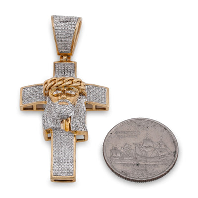 10K Yellow Gold 1.5CT Cross w/ Jesus Head Natural Diamond Cham - Elite Jewelers-Charms & Pendants