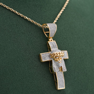 10K Yellow Gold 1.5CT Cross w/ Jesus Head Natural Diamond Cham - Elite Jewelers-Charms & Pendants