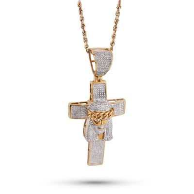 10K Yellow Gold 1.5CT Cross w/ Jesus Head Natural Diamond Cham - Elite Jewelers-Charms & Pendants