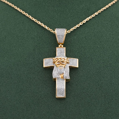 10K Yellow Gold 1.5CT Cross w/ Jesus Head Natural Diamond Cham - Elite Jewelers-Charms & Pendants
