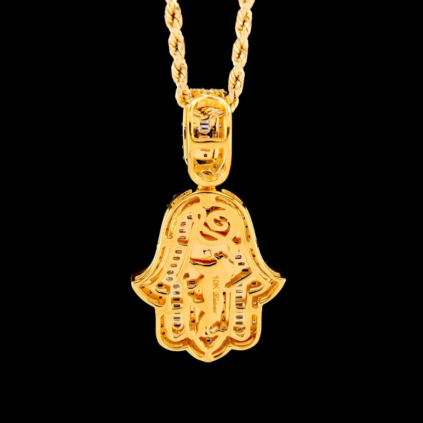 10k Yellow Gold 1.5CTW Round/Baguette Diamond Hamsa Hand Rose Pendant 7.7g Charm - Elite Jewelers - Charms & Pendants