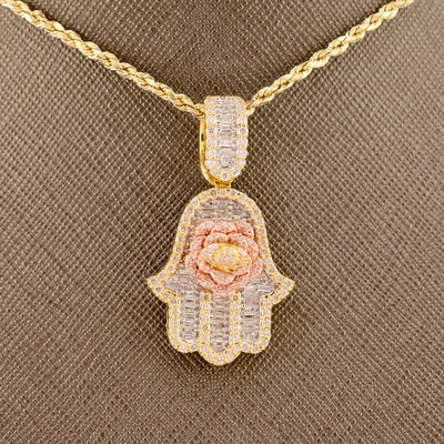 10k Yellow Gold 1.5CTW Round/Baguette Diamond Hamsa Hand Rose Pendant 7.7g Charm - Elite Jewelers - Charms & Pendants