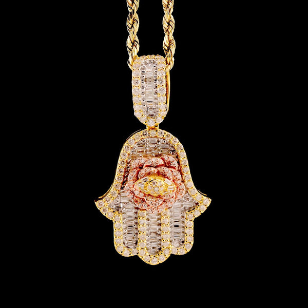 10k Yellow Gold 1.5CTW Round/Baguette Diamond Hamsa Hand Rose Pendant 7.7g Charm - Elite Jewelers - Charms & Pendants