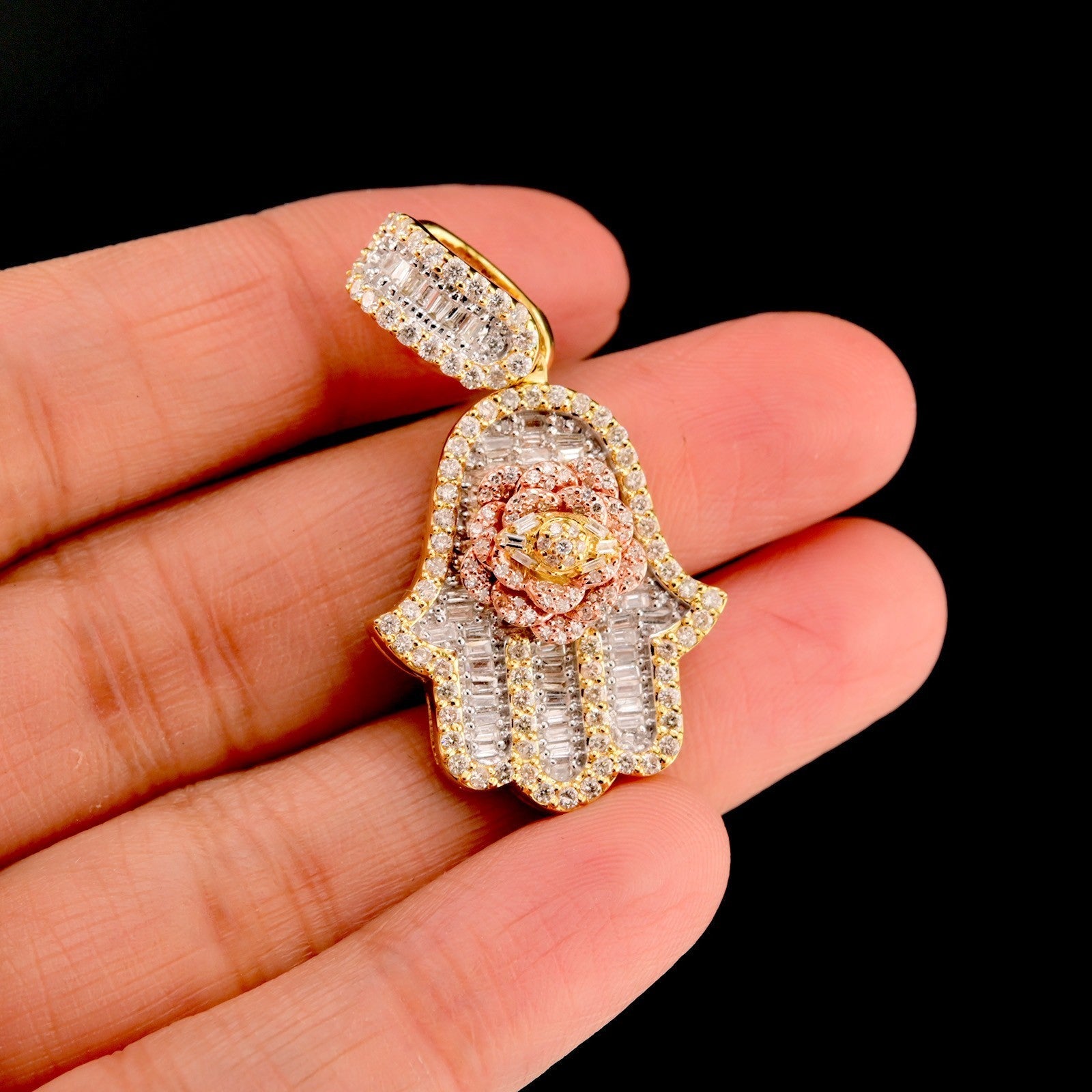 10k Yellow Gold 1.5CTW Round/Baguette Diamond Hamsa Hand Rose Pendant 7.7g Charm - Elite Jewelers - Charms & Pendants