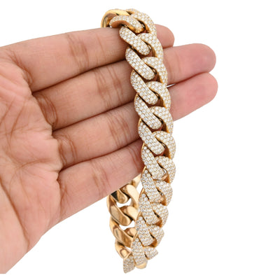 10K Yellow Gold 15MM 22CT Natural Diamond Round Cuban Link 131.2g Men Bracelet - Elite Jewelers - Bracelets