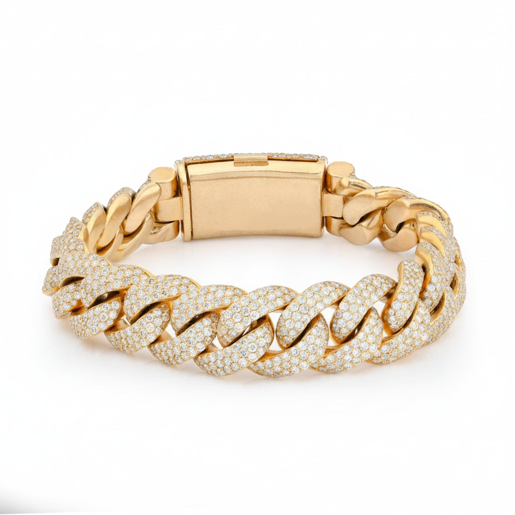 10K Yellow Gold 15MM 22CT Natural Diamond Round Cuban Link 131.2g Men Bracelet - Elite Jewelers - Bracelets