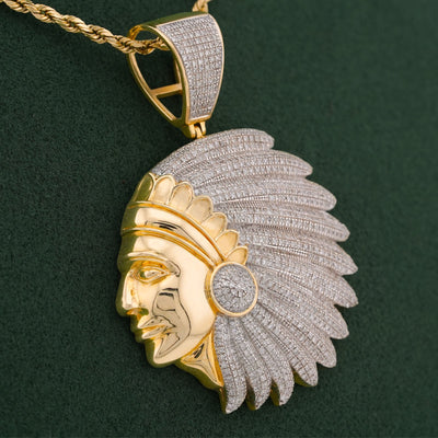 10K Yellow Gold 1.60CT American Indian Face Pendant Natural Diamond Charm - Elite Jewelers-Charms & Pendants