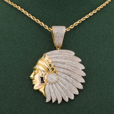 10K Yellow Gold 1.60CT American Indian Face Pendant Natural Diamond Charm - Elite Jewelers-Charms & Pendants