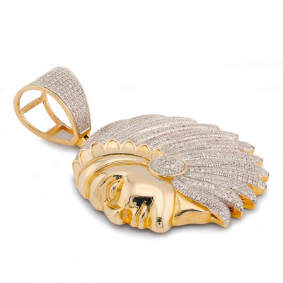 10K Yellow Gold 1.60CT American Indian Face Pendant Natural Diamond Charm - Elite Jewelers-Charms & Pendants