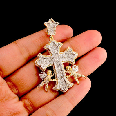 10k Yellow Gold 1.65CT Round/Baguette Diamond Cross w/ Angel Pendant 10.9g Charm - Elite Jewelers - Charms & Pendants