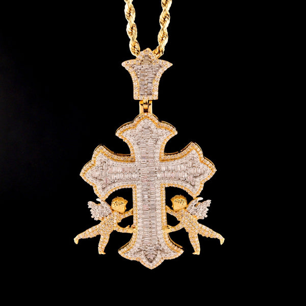 10k Yellow Gold 1.65CT Round/Baguette Diamond Cross w/ Angel Pendant 10.9g Charm - Elite Jewelers - Charms & Pendants