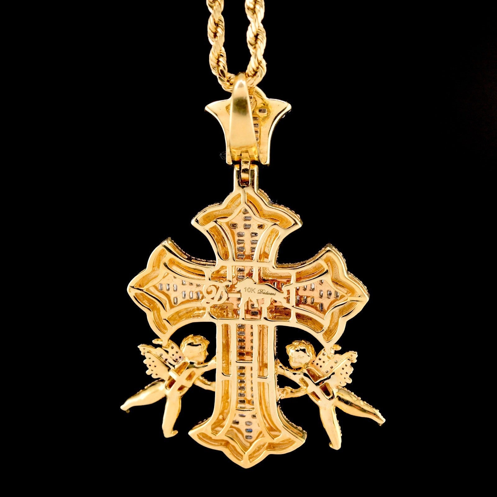 10k Yellow Gold 1.65CT Round/Baguette Diamond Cross w/ Angel Pendant 10.9g Charm - Elite Jewelers - Charms & Pendants